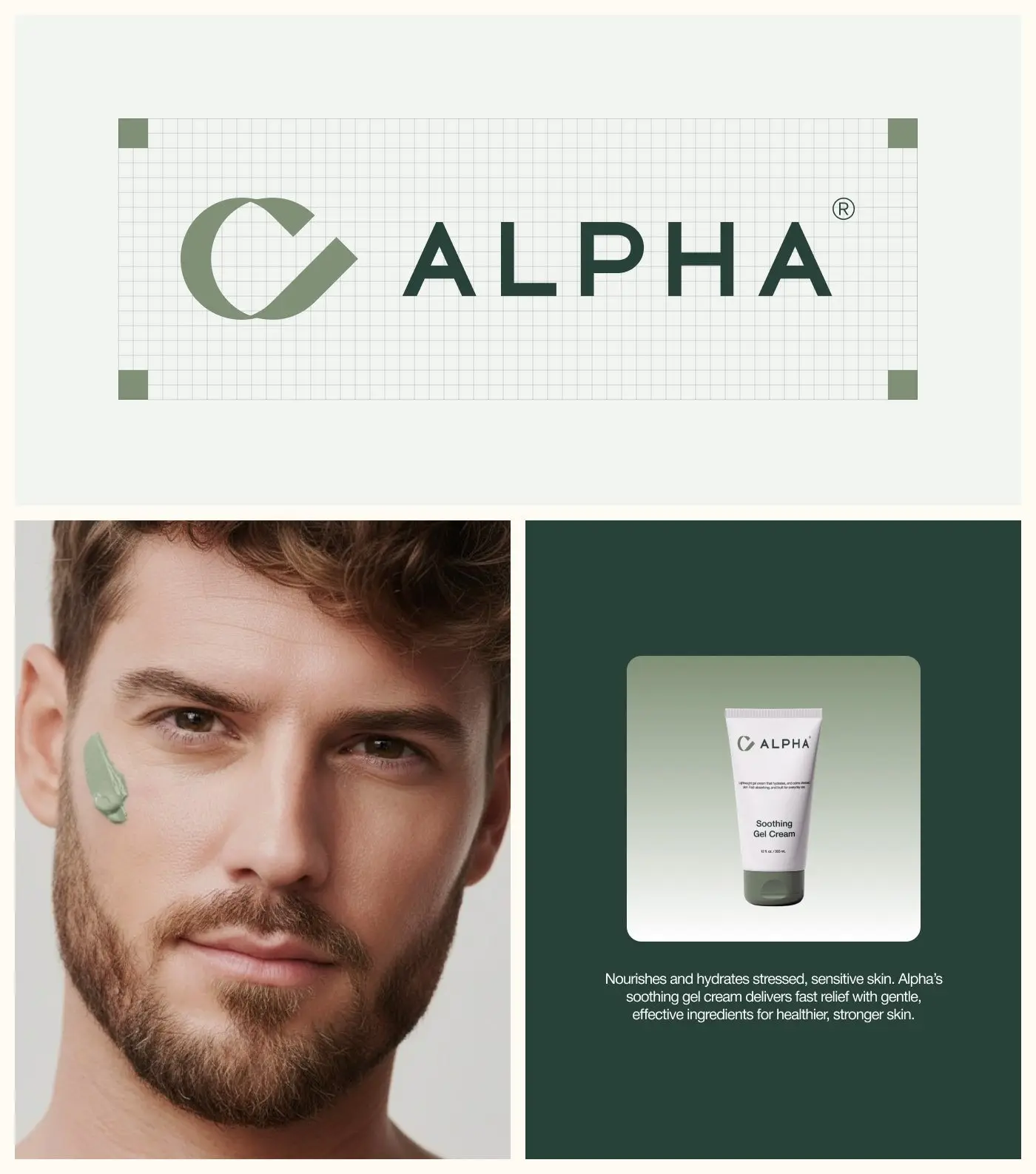 ALPHA logo on a construction grid, with skincare photos
