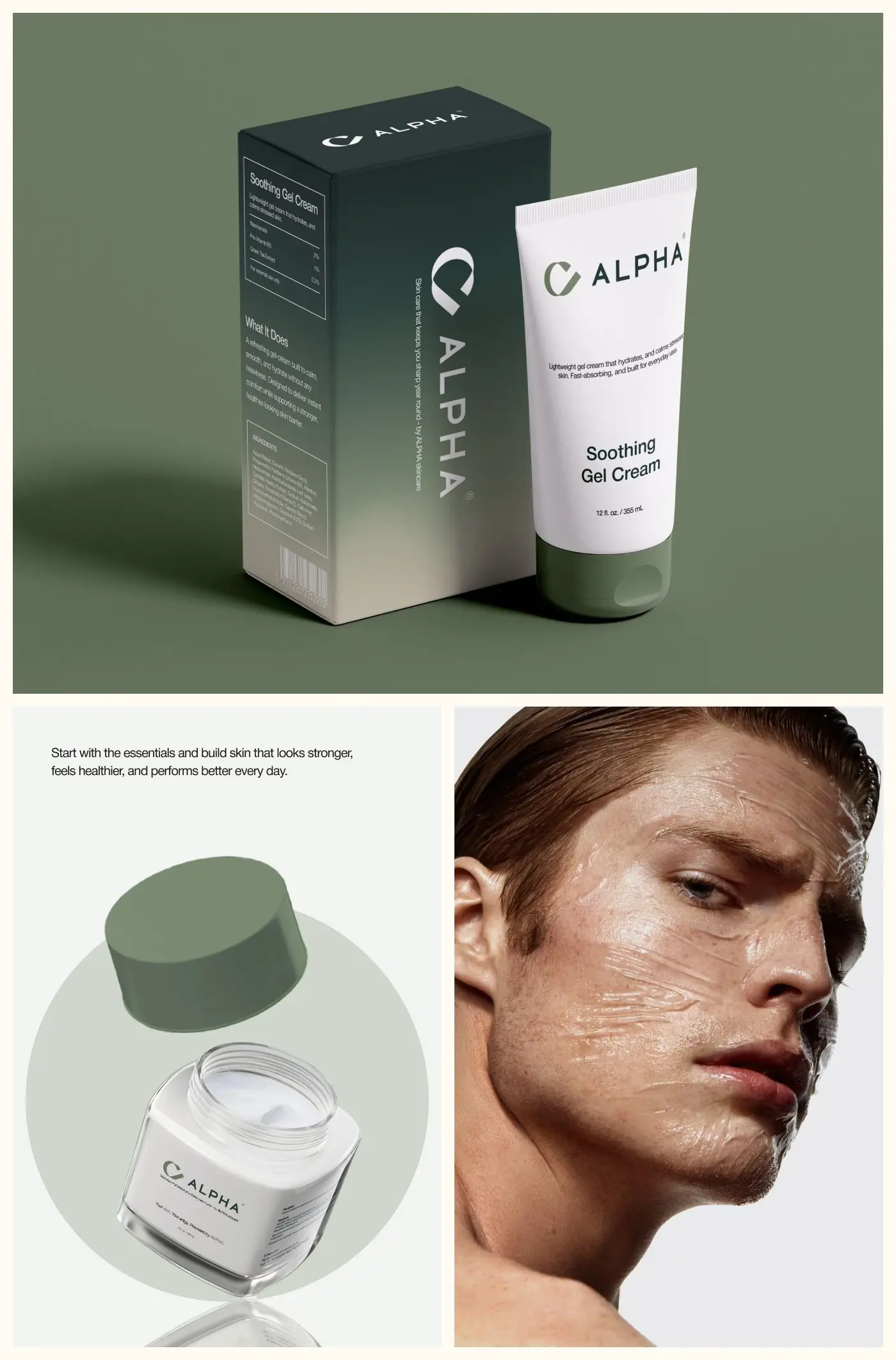 ALPHA gel cream tube, box and jar