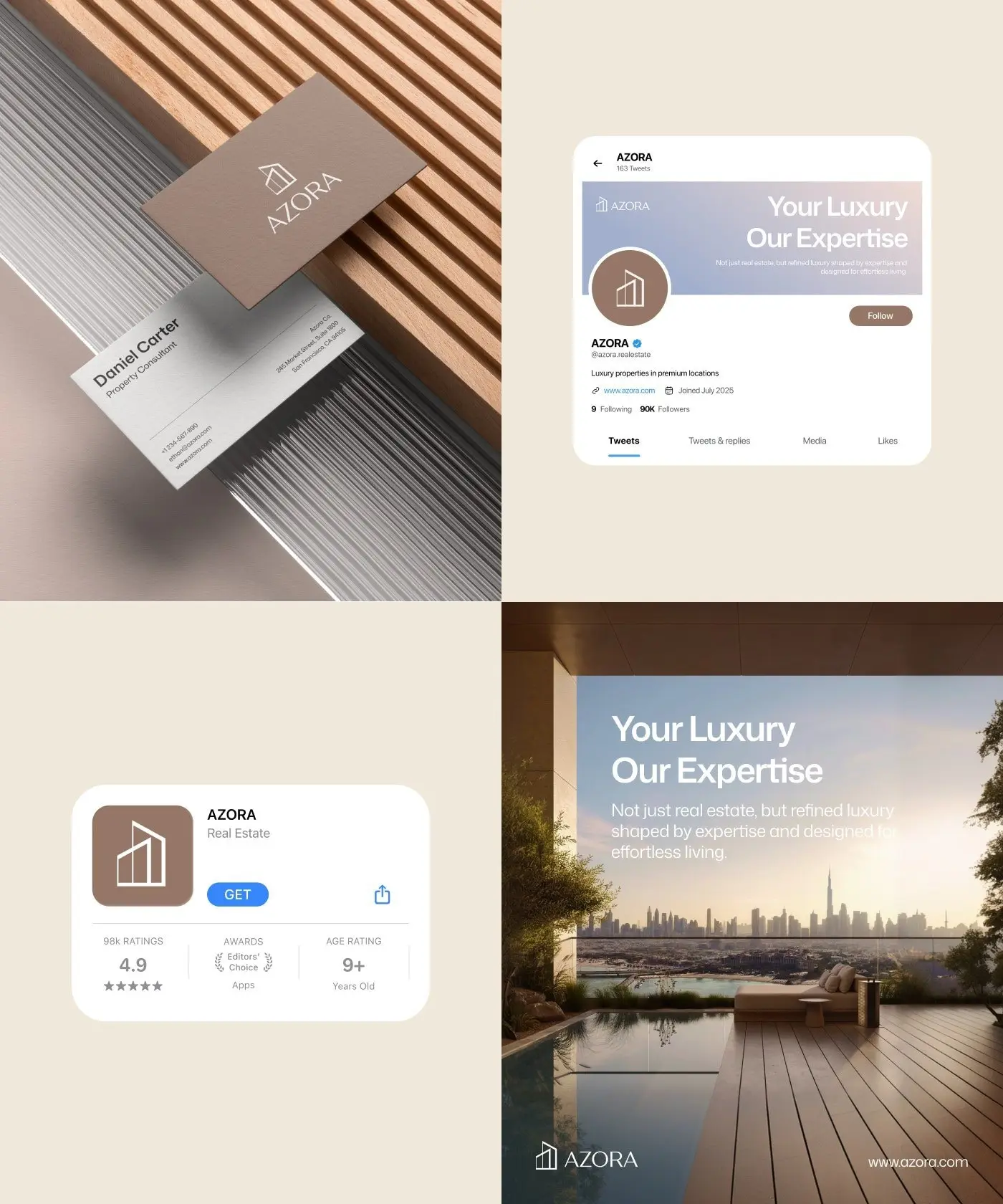 Azora business cards, app and social posts
