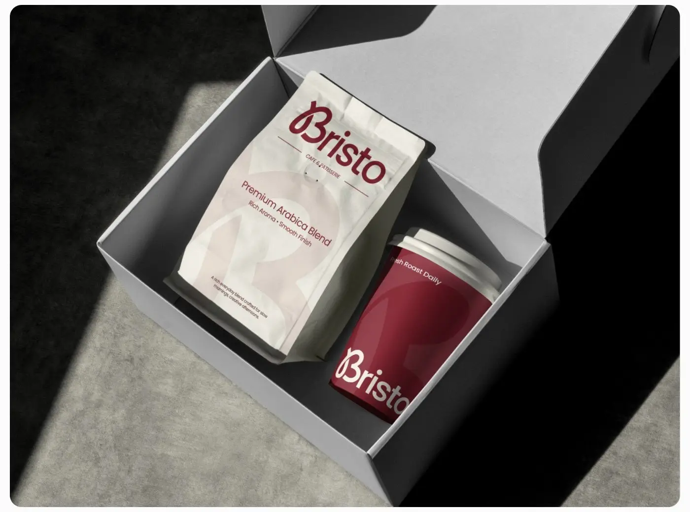 Bristo coffee bag and cup in a box