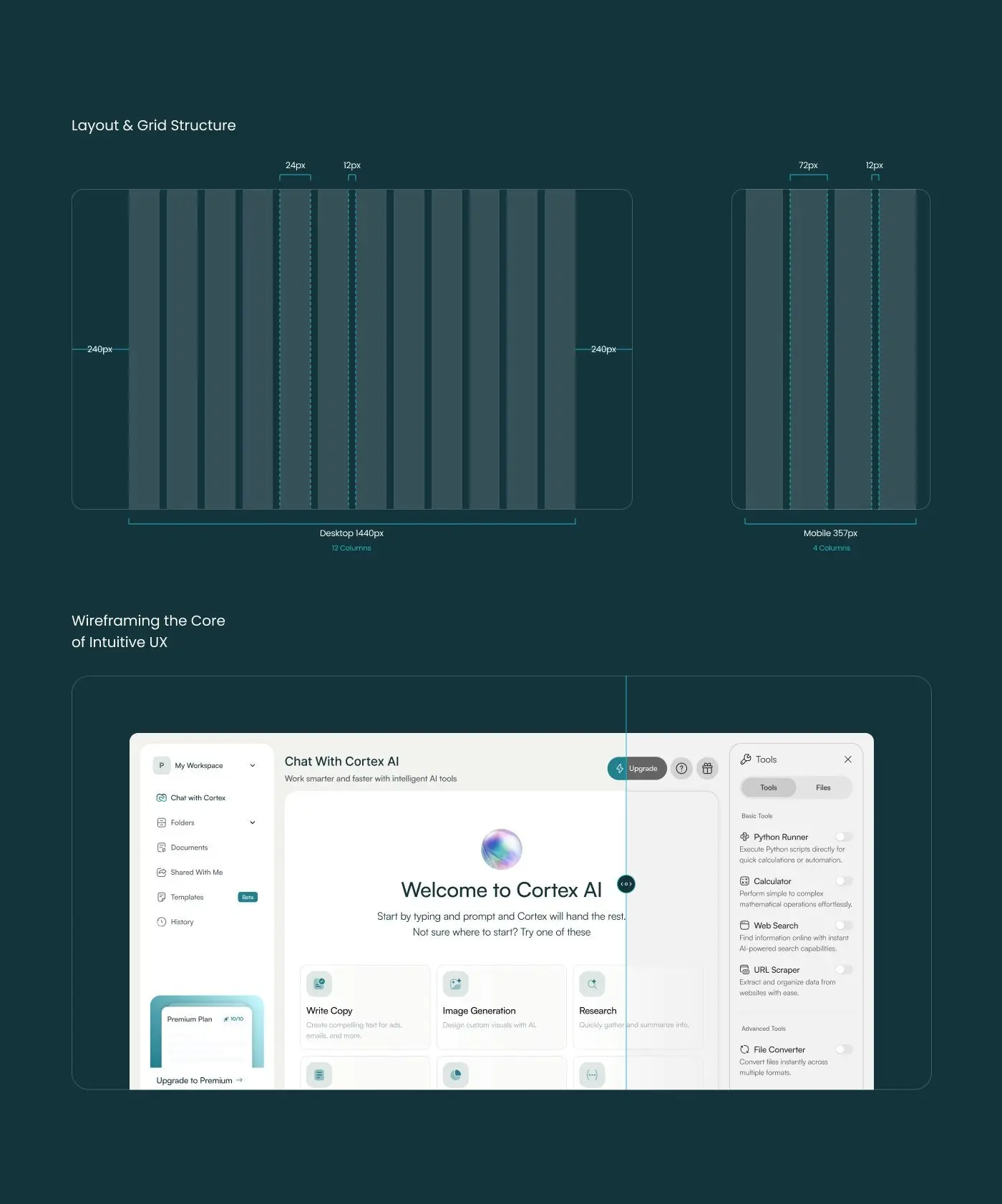 CortexAI layout grid and chat screen