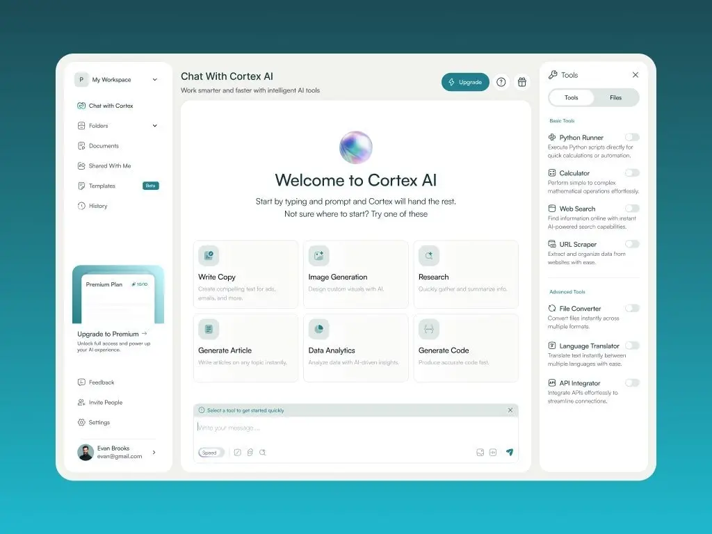 CortexAI chat workspace screen