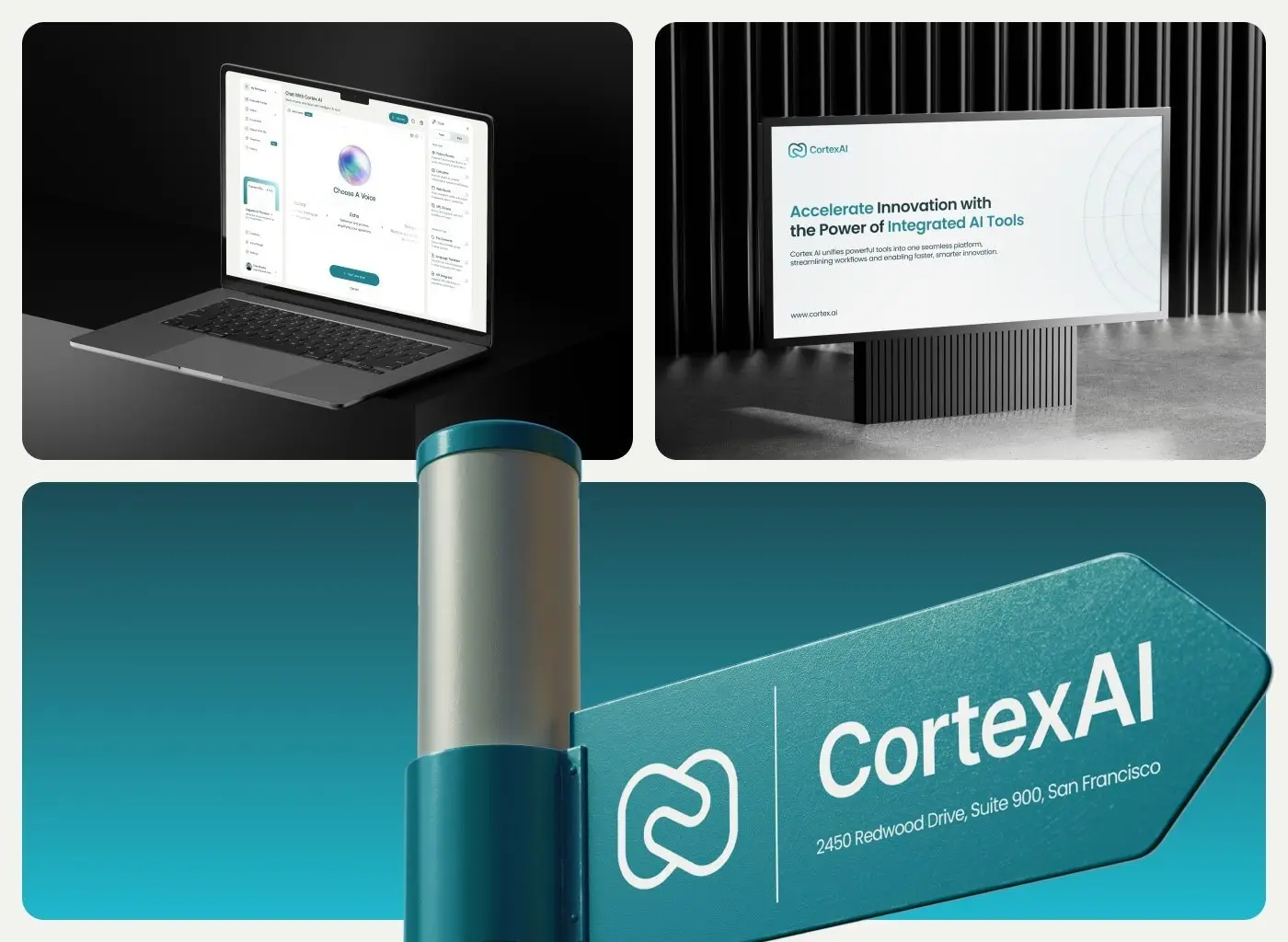 CortexAI on a laptop and a screen, with a street sign