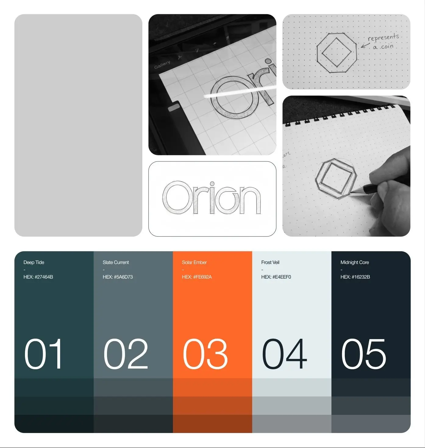 Orion logo sketches and colour palette