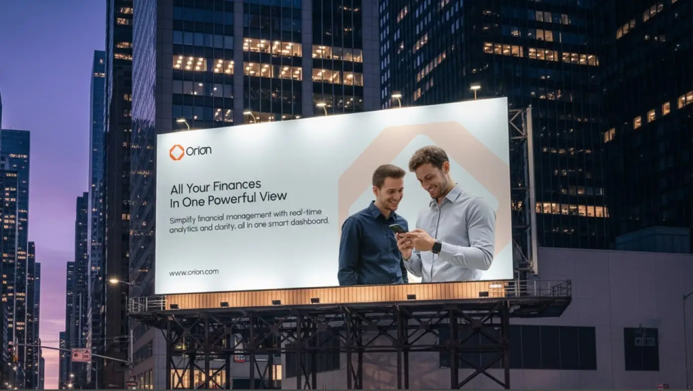 Orion billboard in a city at dusk