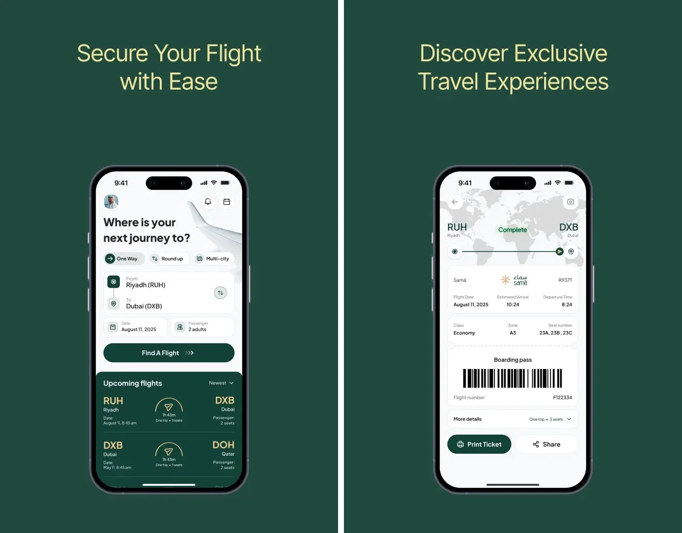 Samā app search and boarding pass screens