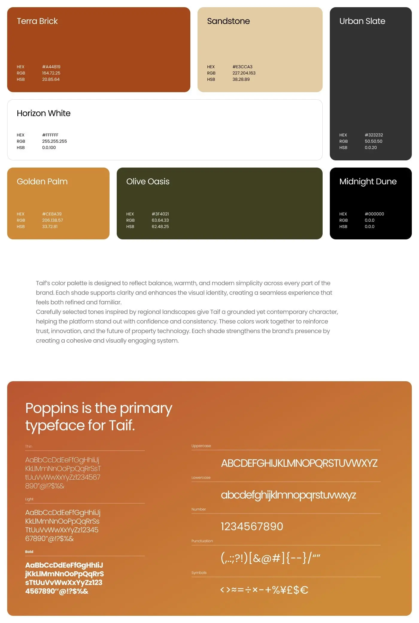 Taif colour palette and Poppins type