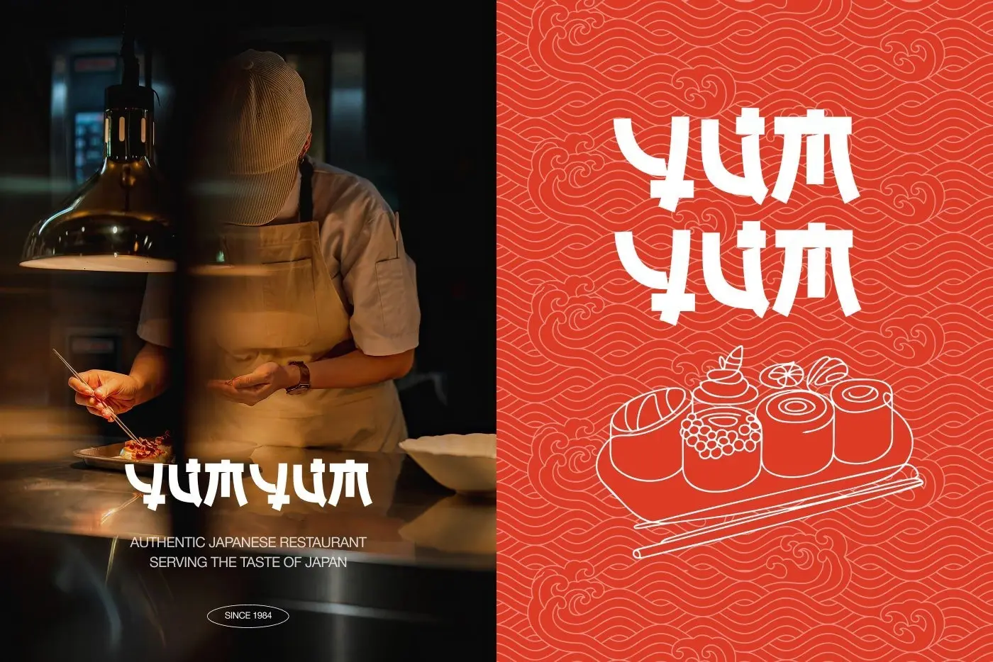 YumYum posters, a chef at work and the wordmark on red