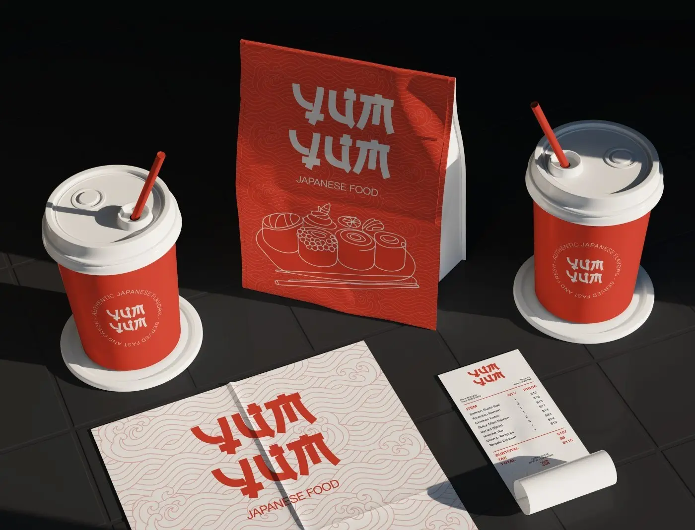 YumYum takeaway cups, bag and menu