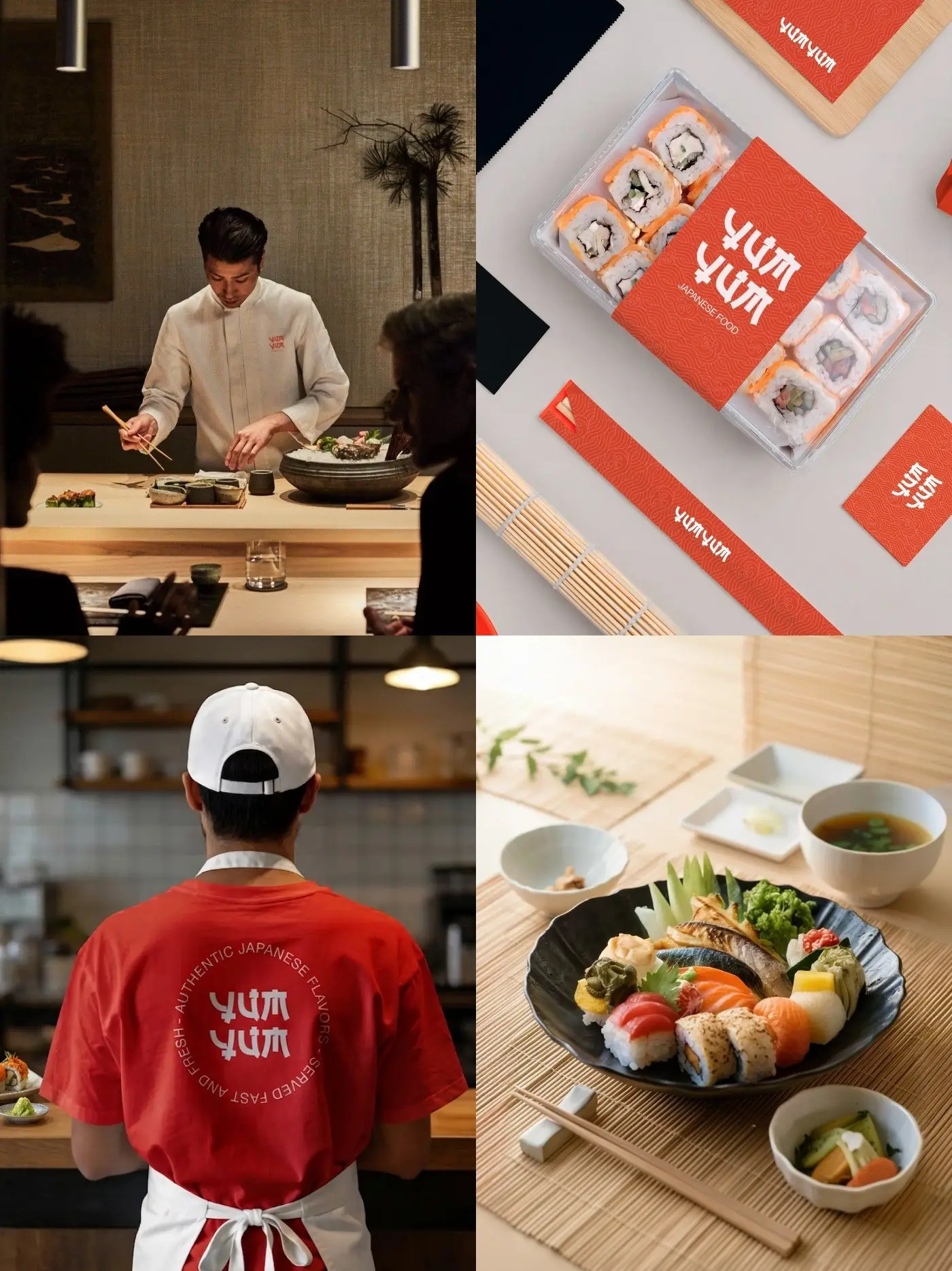 YumYum staff uniform, sushi box and dishes